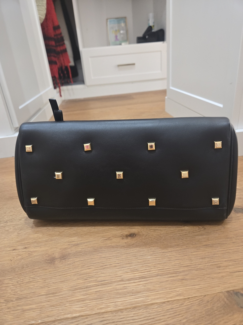 Salvatore Ferragamo Black Leather Studded Clutch with Gold Accents Dust Bag Incl